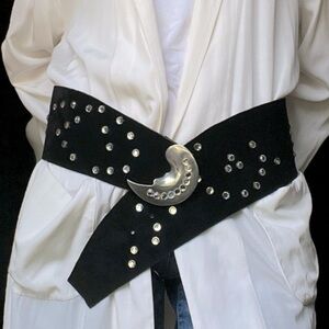 Susan Hyman Vintage Black Suede Belt Wide Studded Half Moon Buckle 80s Statement